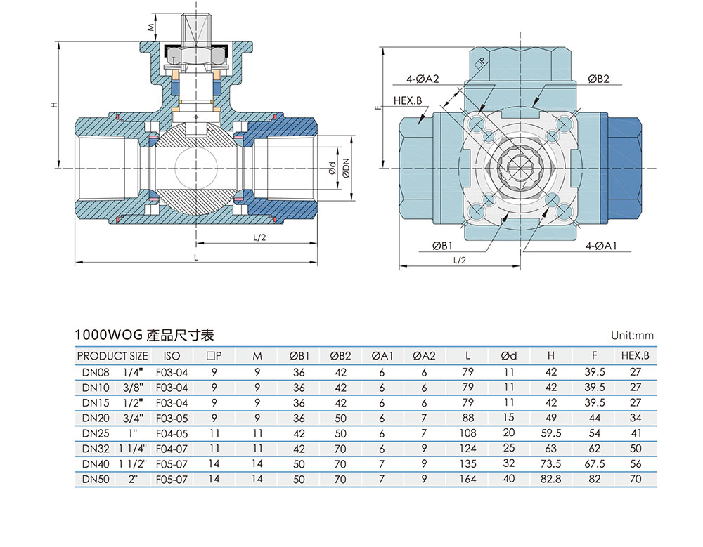 VEAPON電動(dòng)三通絲口球閥尺寸圖